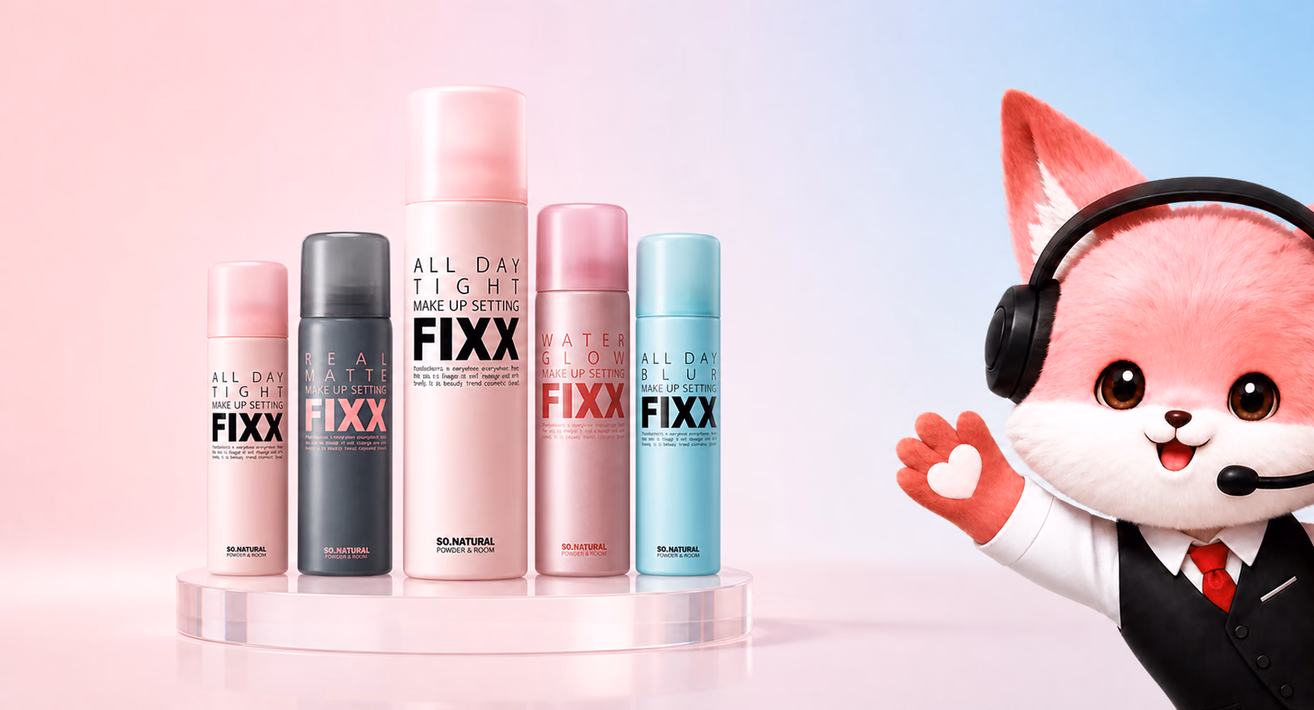 Four FIXX make-up setting sprays lined up on pink silk with Xiaofu presenting them